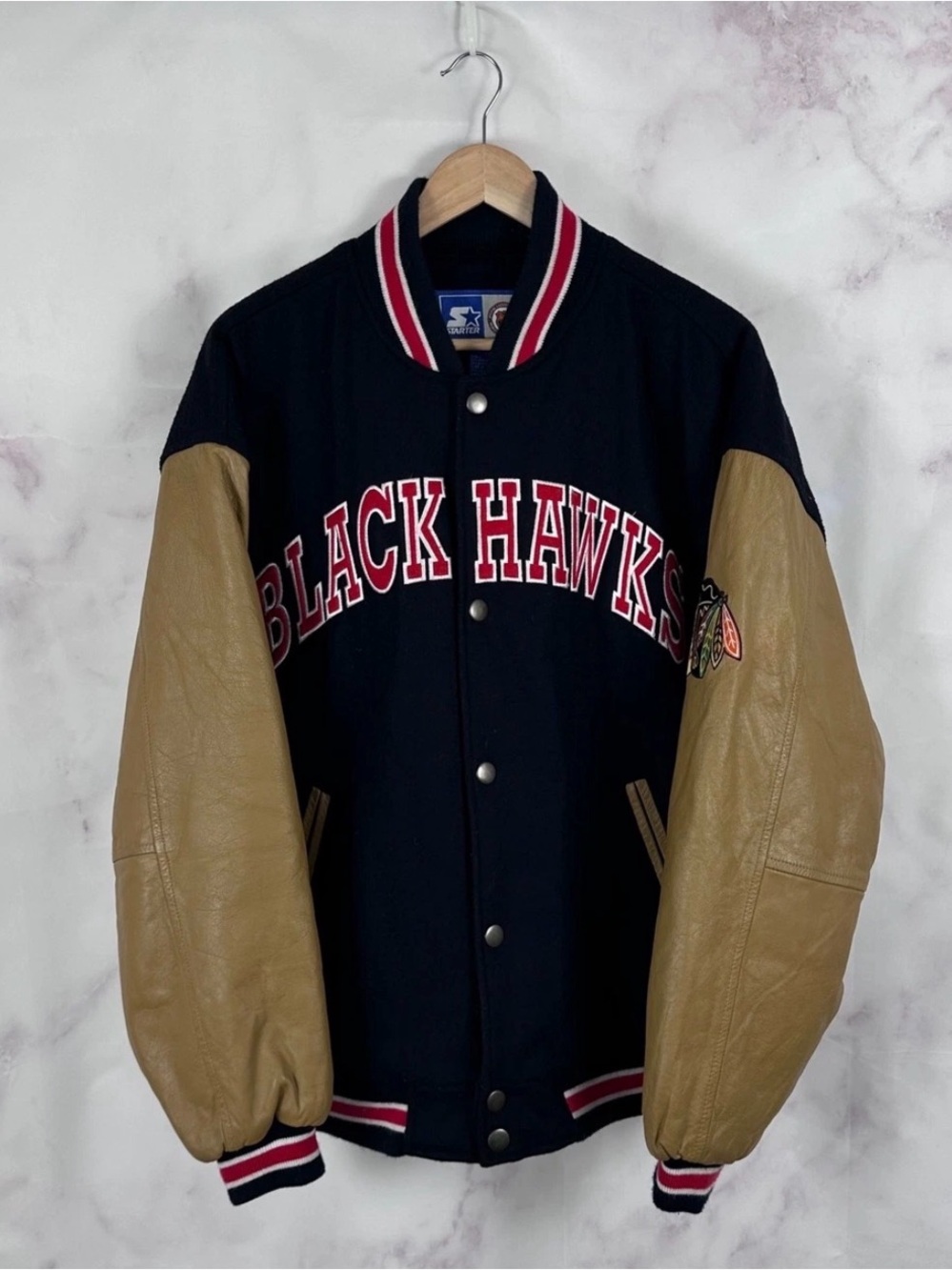 Vintage Starter Chicago Blackhawks Letterman Varsity Jacket Size L Black Tan